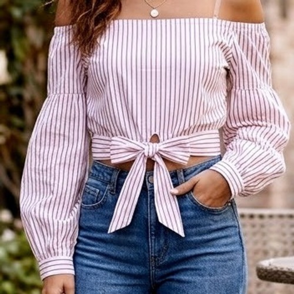 NEW Iris LA White Striped Off Shoulder Tie Front Crop Top Balloon Sleeve sz M‎